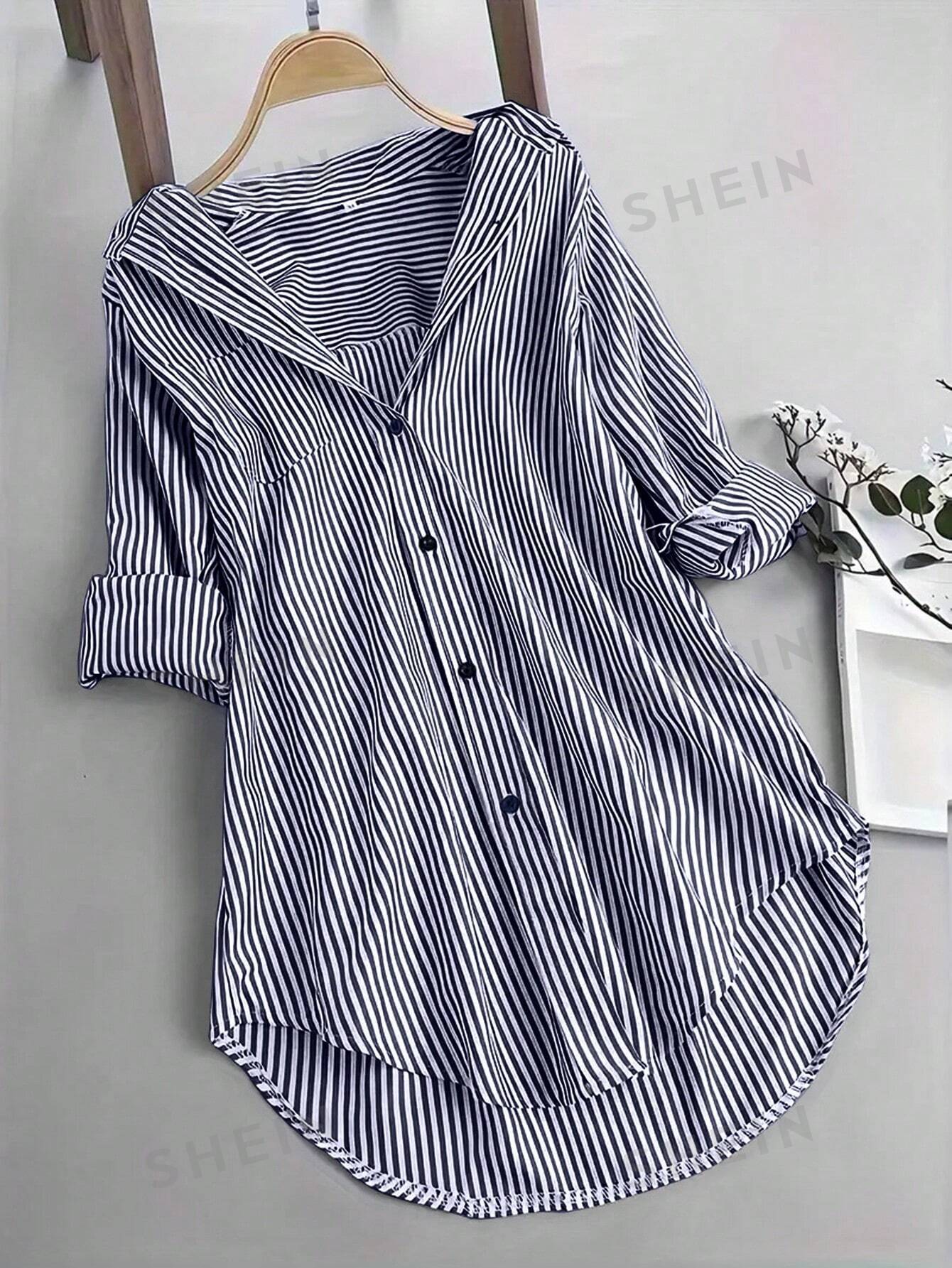 Women's Oversized Striped Casual Shirt-image